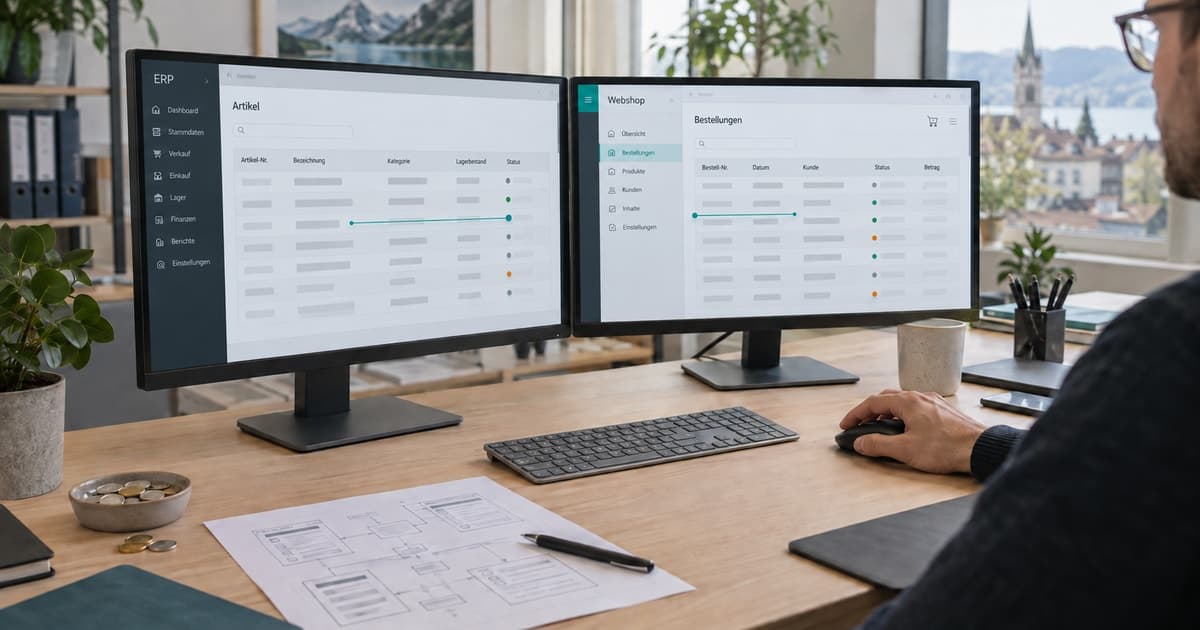 ERP-Zentrale mit Verbindungen zu Online-Shop, Zeiterfassung, CRM und Branchensoftware