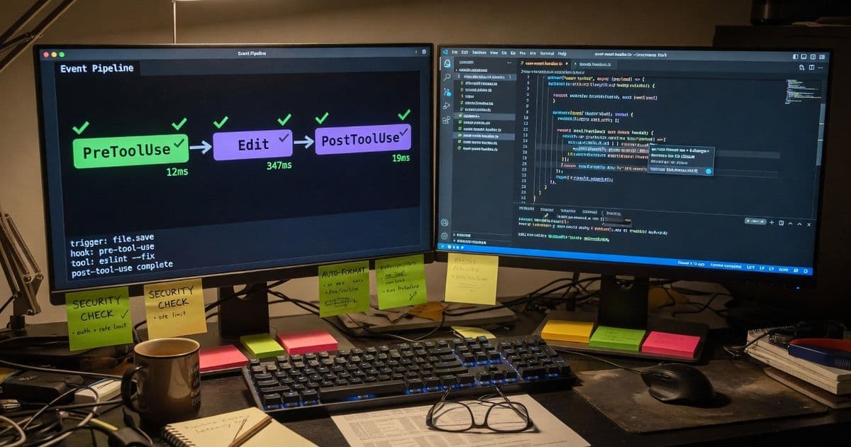 Dual-Monitor mit Event-Pipeline PreToolUse, Edit und PostToolUse neben Code-Editor
