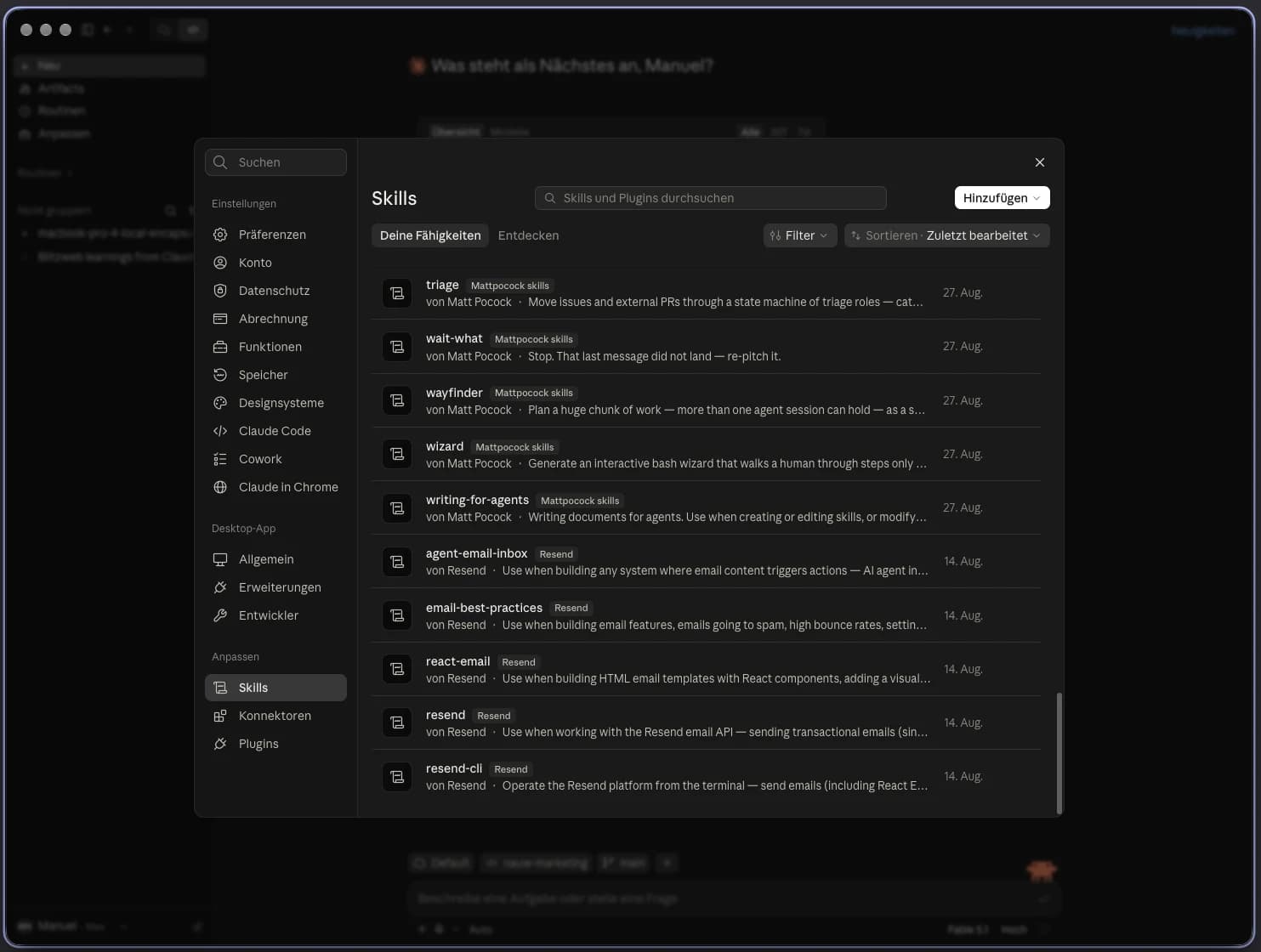Claude Desktop-App, Einstellungen, Bereich Skills mit einer Liste installierter Skills und dem Button Hinzufügen