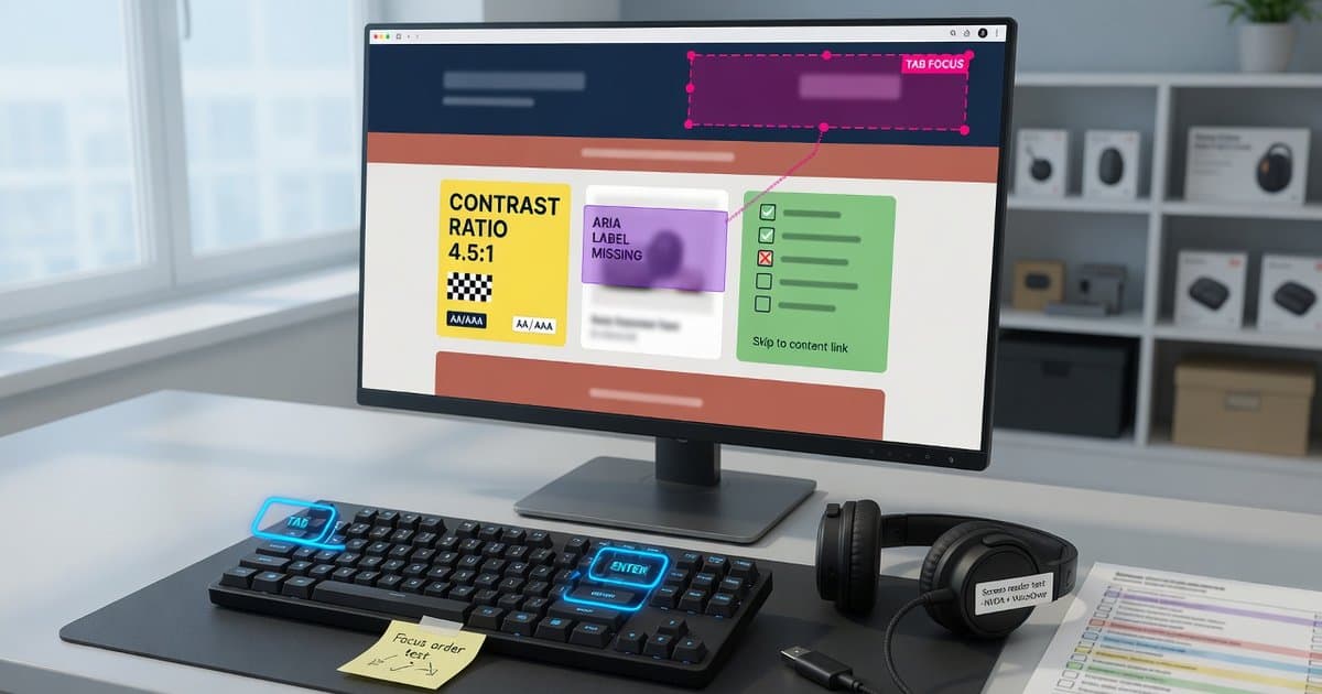 Barrierefreiheits-Audit am Bildschirm mit Fokus-Markierungen, Tastatur und Screenreader-Kopfhörern