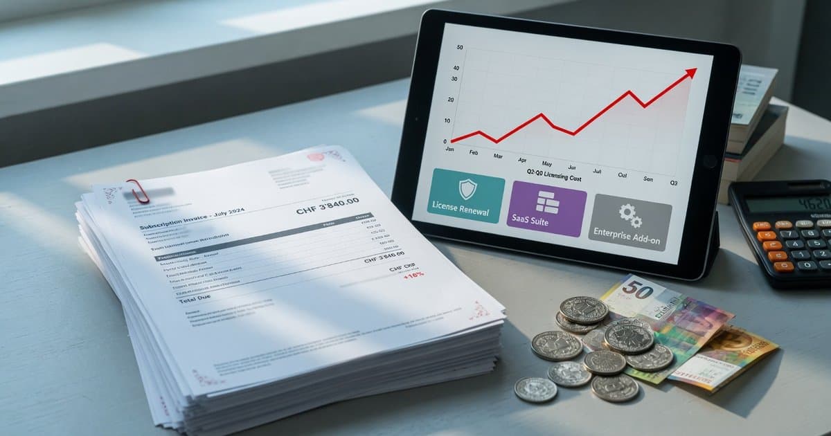 SaaS-Rechnung, steigende Kostenkurve auf dem Tablet und Schweizer Franken – Preisanstieg im Software-Stack