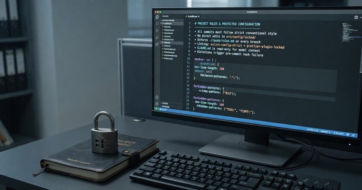CLAUDE.md am Monitor mit Vorhängeschloss auf dem Projekt-Config-Notizbuch