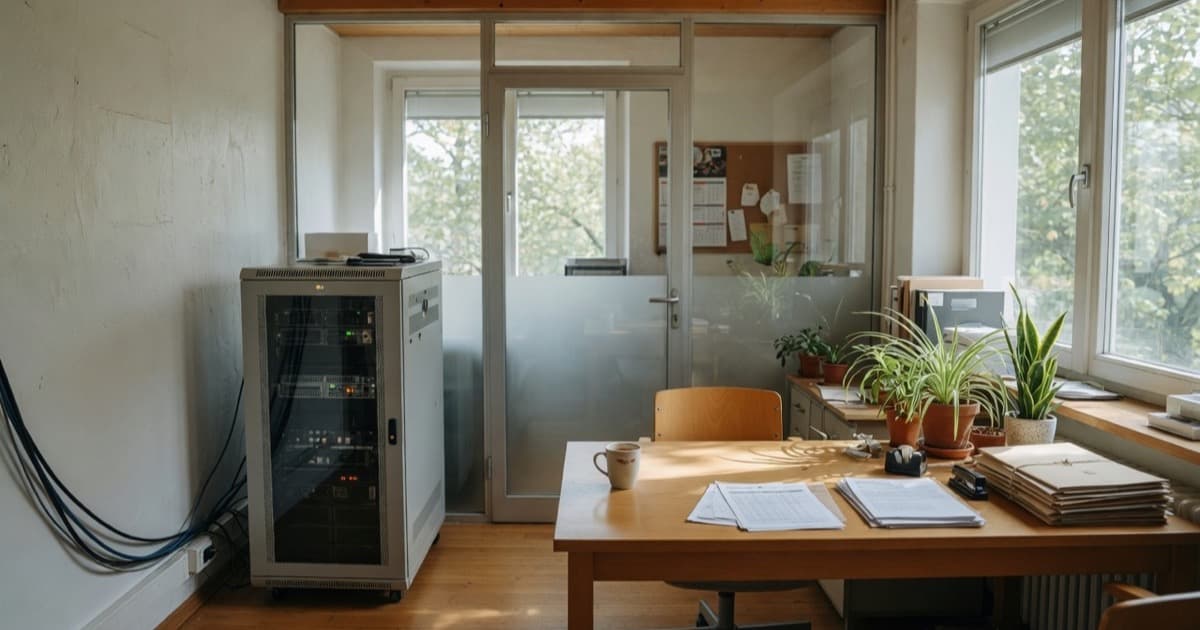 Helles KMU-Büro mit eigenem Serverschrank neben Schreibtisch und Pflanzen