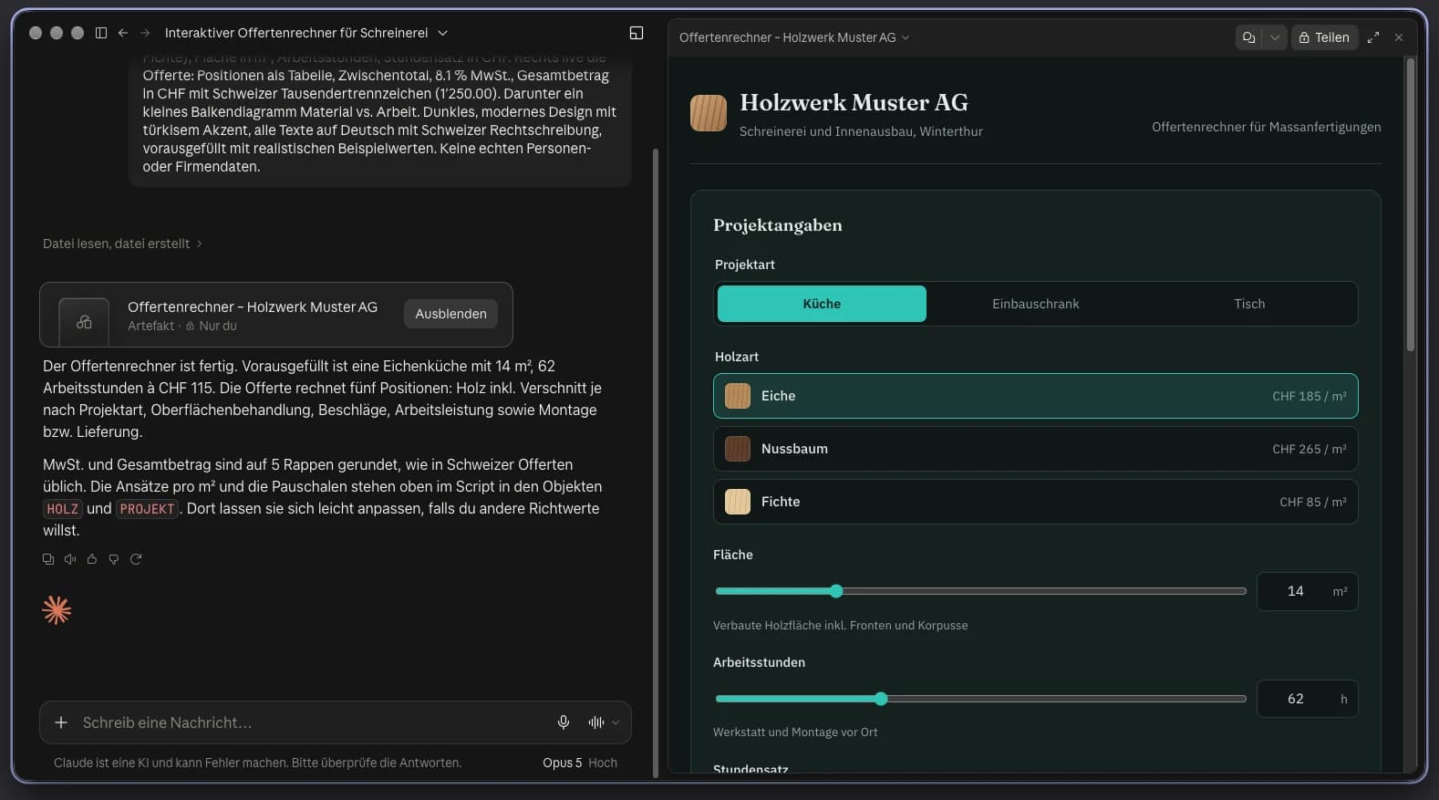 Claude mit geöffnetem Artifact: links der Chat, rechts ein interaktiver Offertenrechner für eine Schreinerei mit Beträgen in CHF
