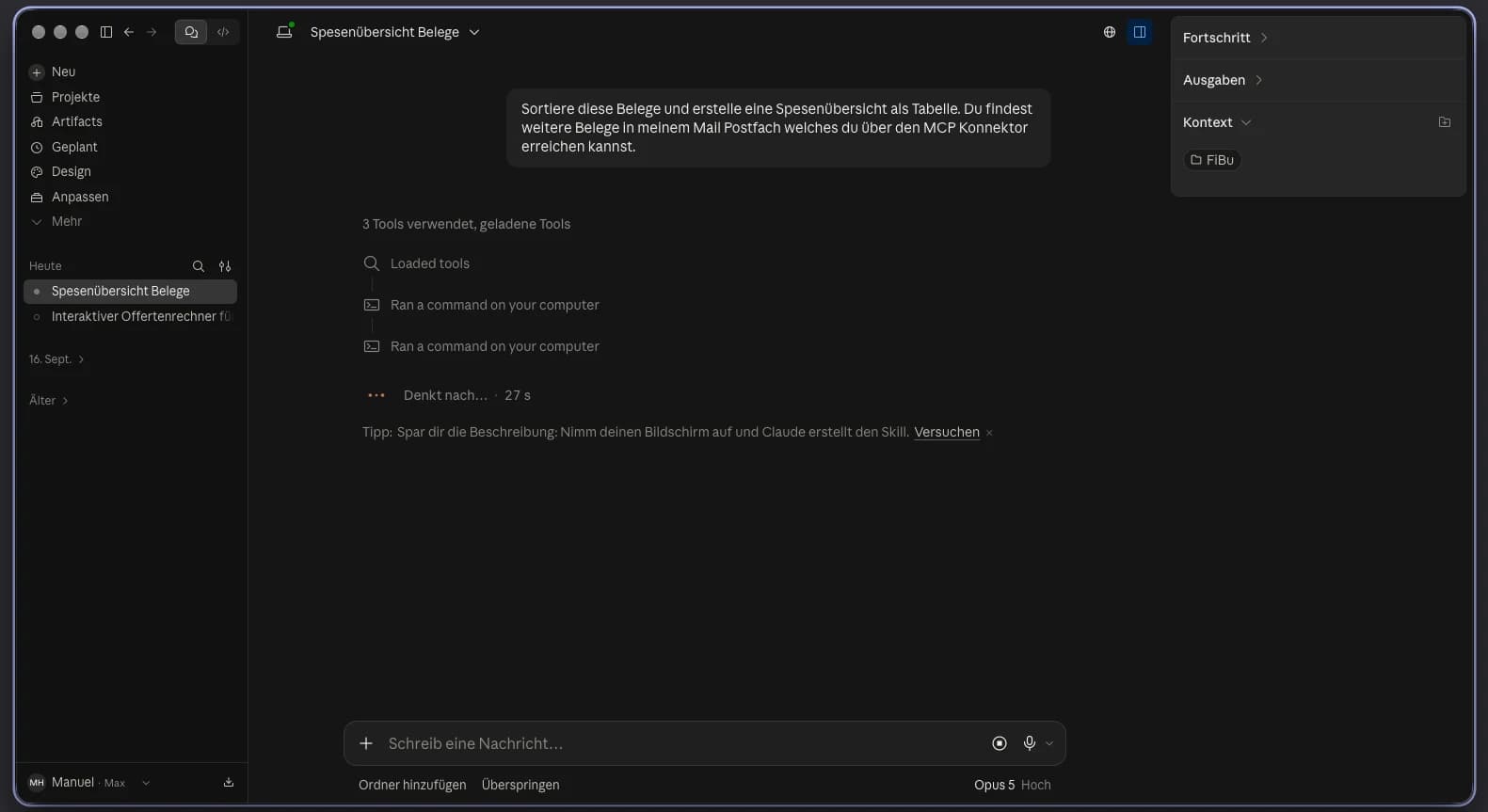 Claude Desktop-App bearbeitet eine Cowork-Aufgabe: Belege in einem lokalen Ordner sortieren und eine Spesenübersicht als Tabelle erstellen